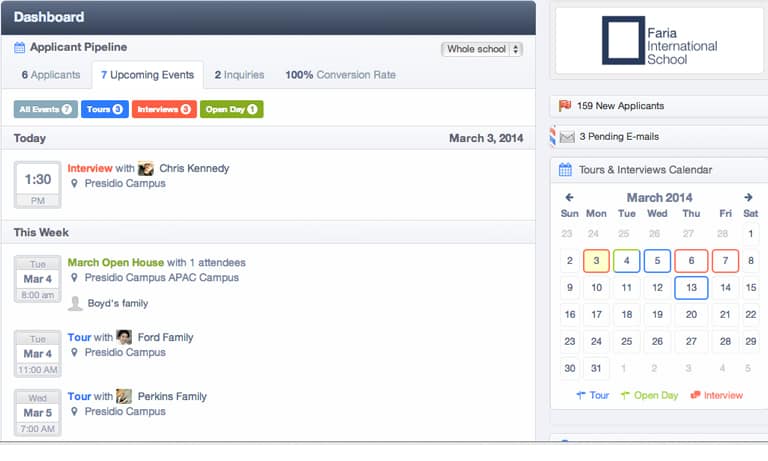 Dashboard > Upcoming Events Tab