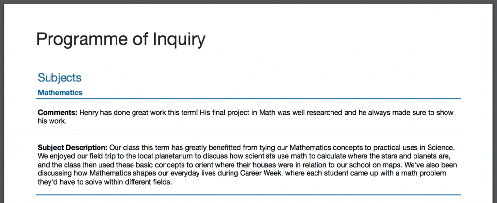 Subject Descriptions report card